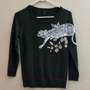 J. Crew Olive Green Sweater with Leopard Design